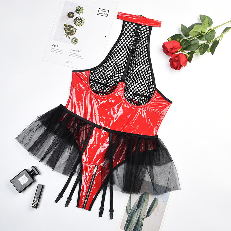 Sexy Patent Leather One Piece Mesh Backless See through Sexy Lingerie Set