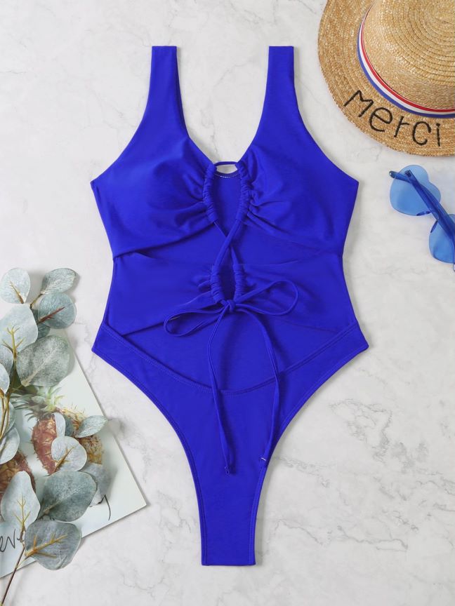 Women Hollow Out Cutout Drawstring One Piece Swimsuit Bikini