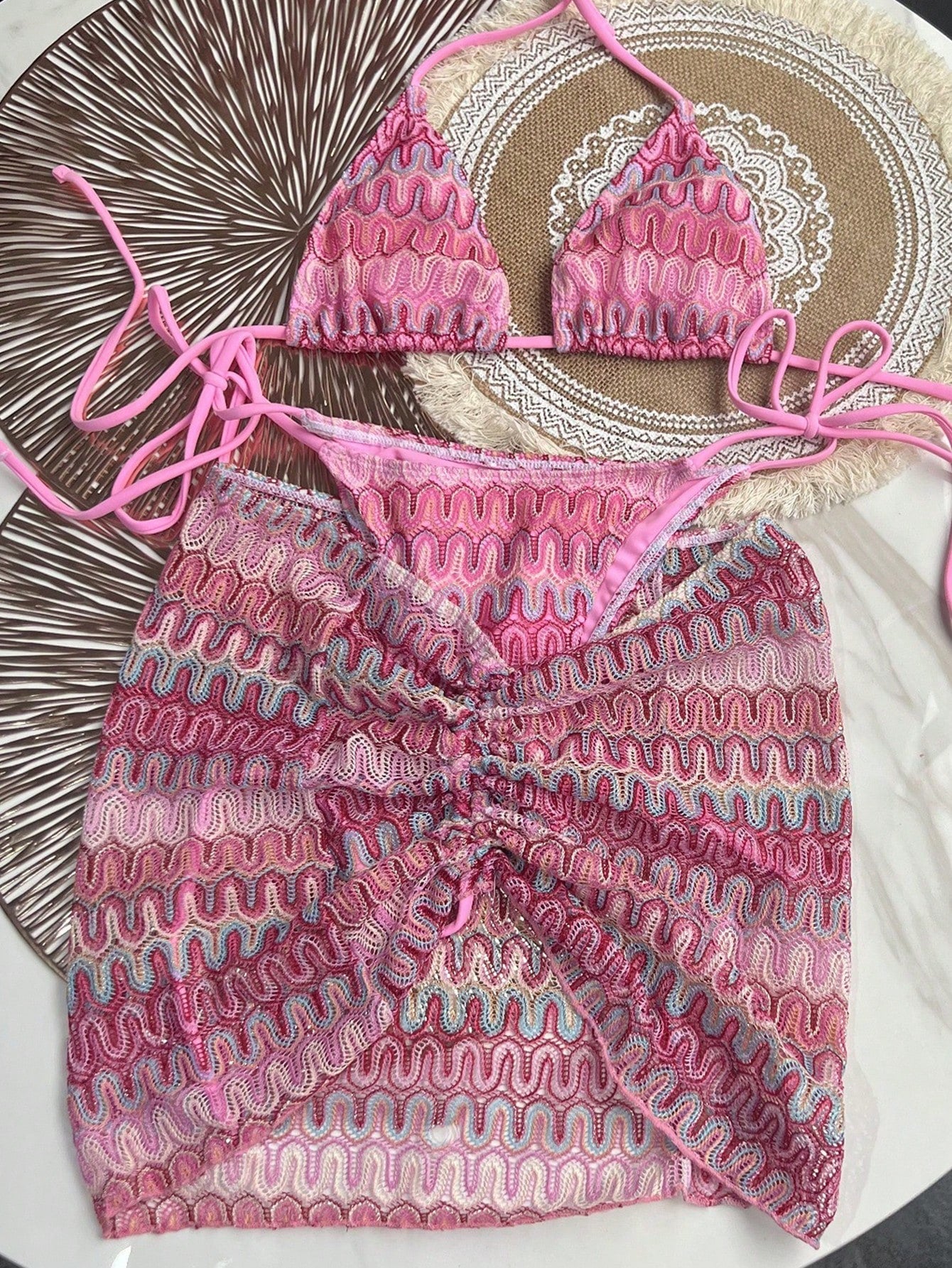 Bikinx Women Summer Beach Wave Pattern Halter Strap Sexy Bikini Set With Cover Up Skirt