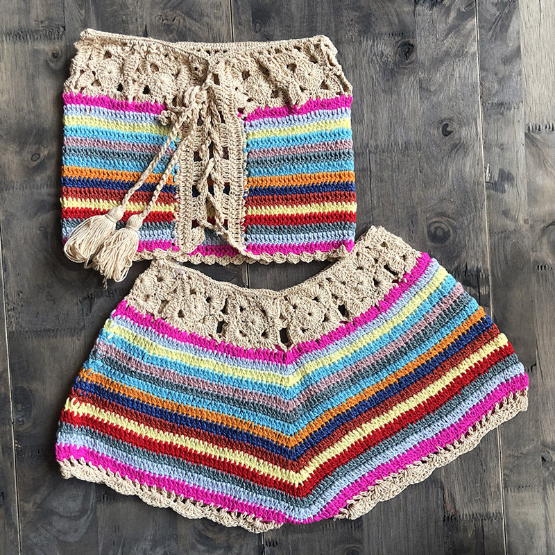 Pure Hand Crocheting Vacation Beach Swimsuit Split Colorful Suit Sexy I Retail