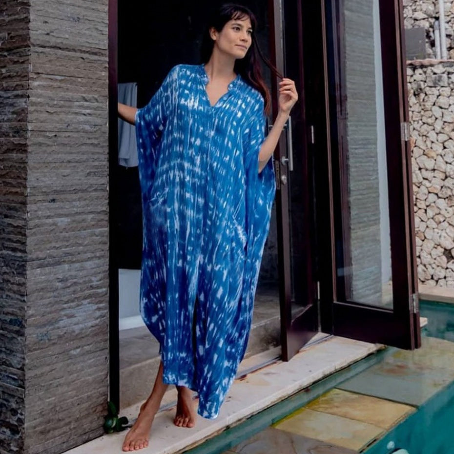 Beach Cover-up Elastic Printing Oversized Button Vacation Robe