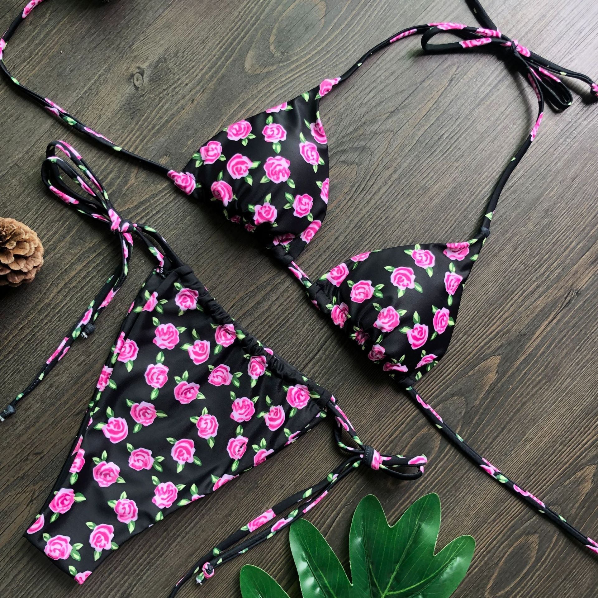 Popular Split Bikini Swimsuit Solid Color Women Bikini Tied Swimsuit