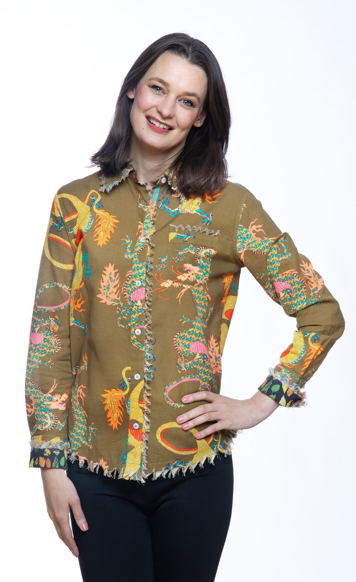 Cape Cod Top Olive Dragon Print