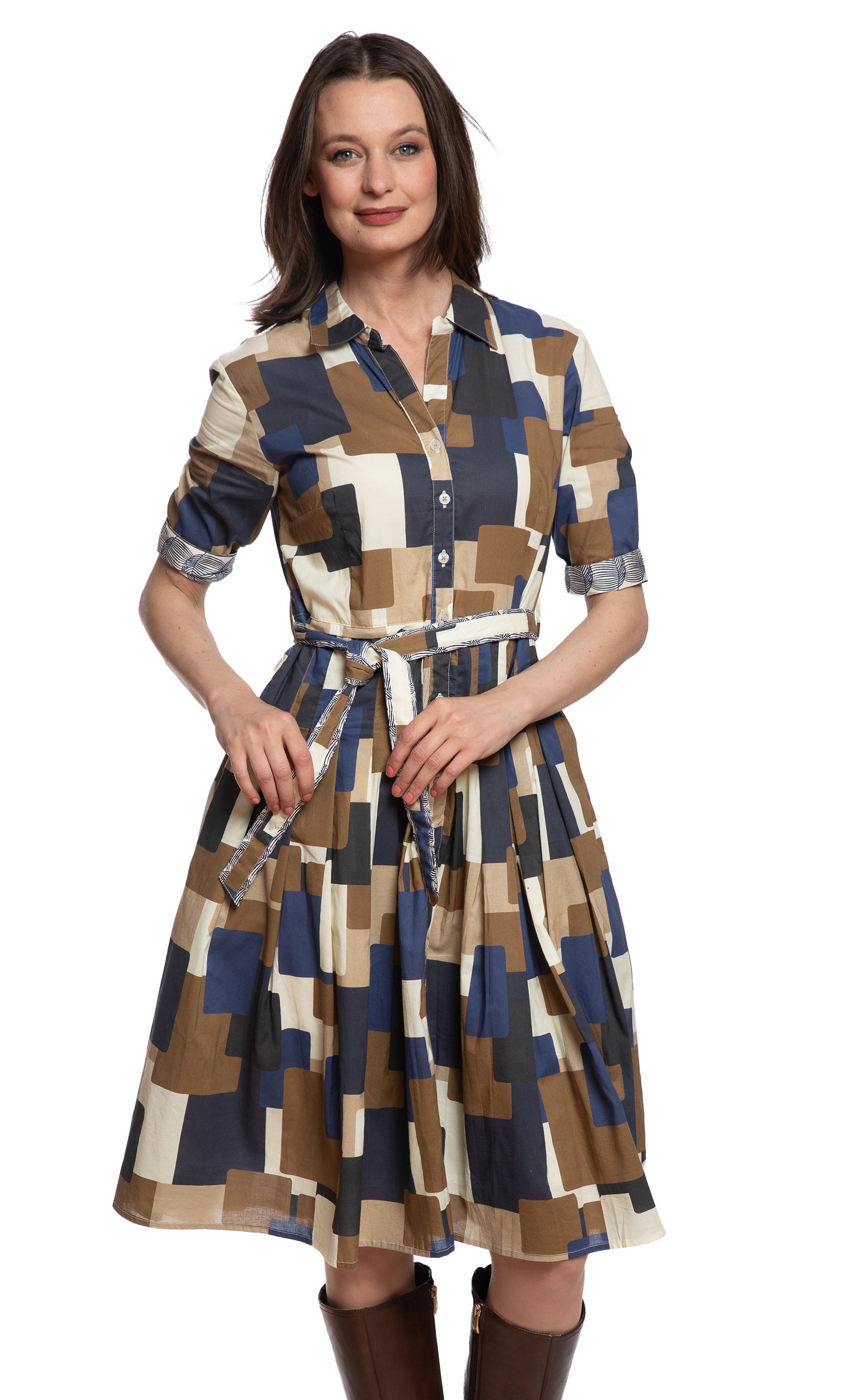Mrs Maisel Shirtwaist Dress Chocolate Blue Squares Print