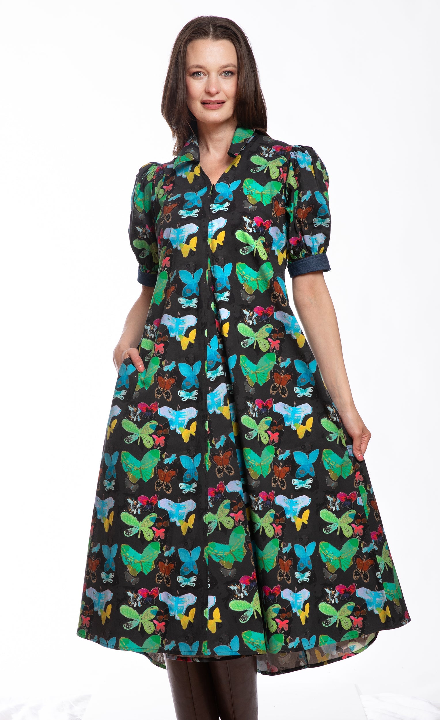 Montauk Dress Black with Butterfly Print