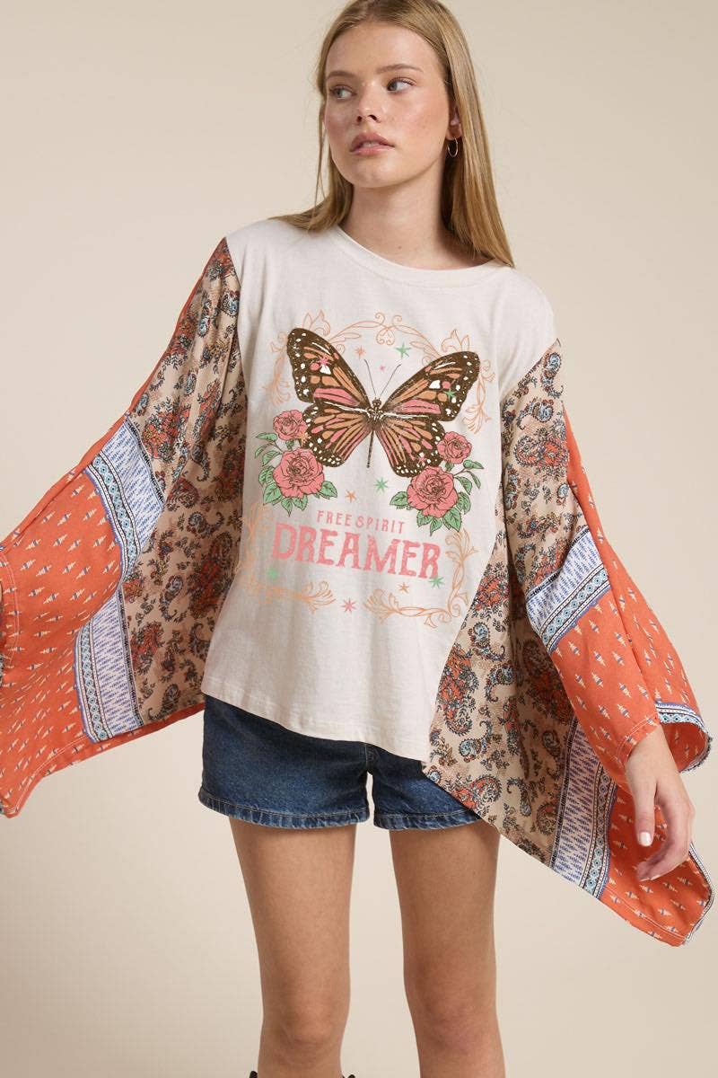 Butterfly Dreamer Vintage Graphic Sheer Kaftan Top