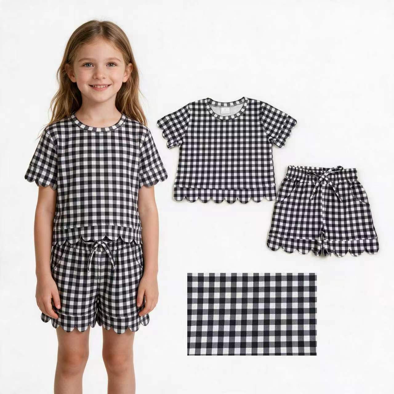 Short sleeves black plaid scallop top shorts girls team outfits