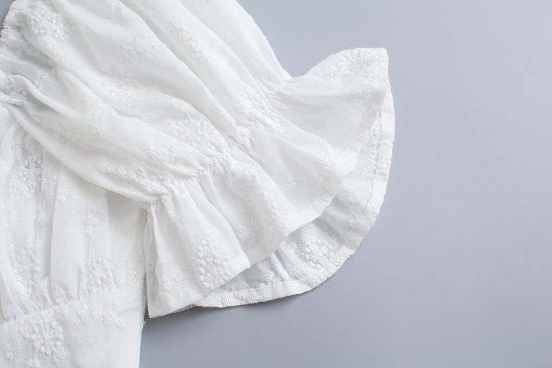 Vintage Court Sexy Tube Top Lace up Slim Fit Slimming White Puff Short Sleeve Eyelet Embroidery Dress for Women
