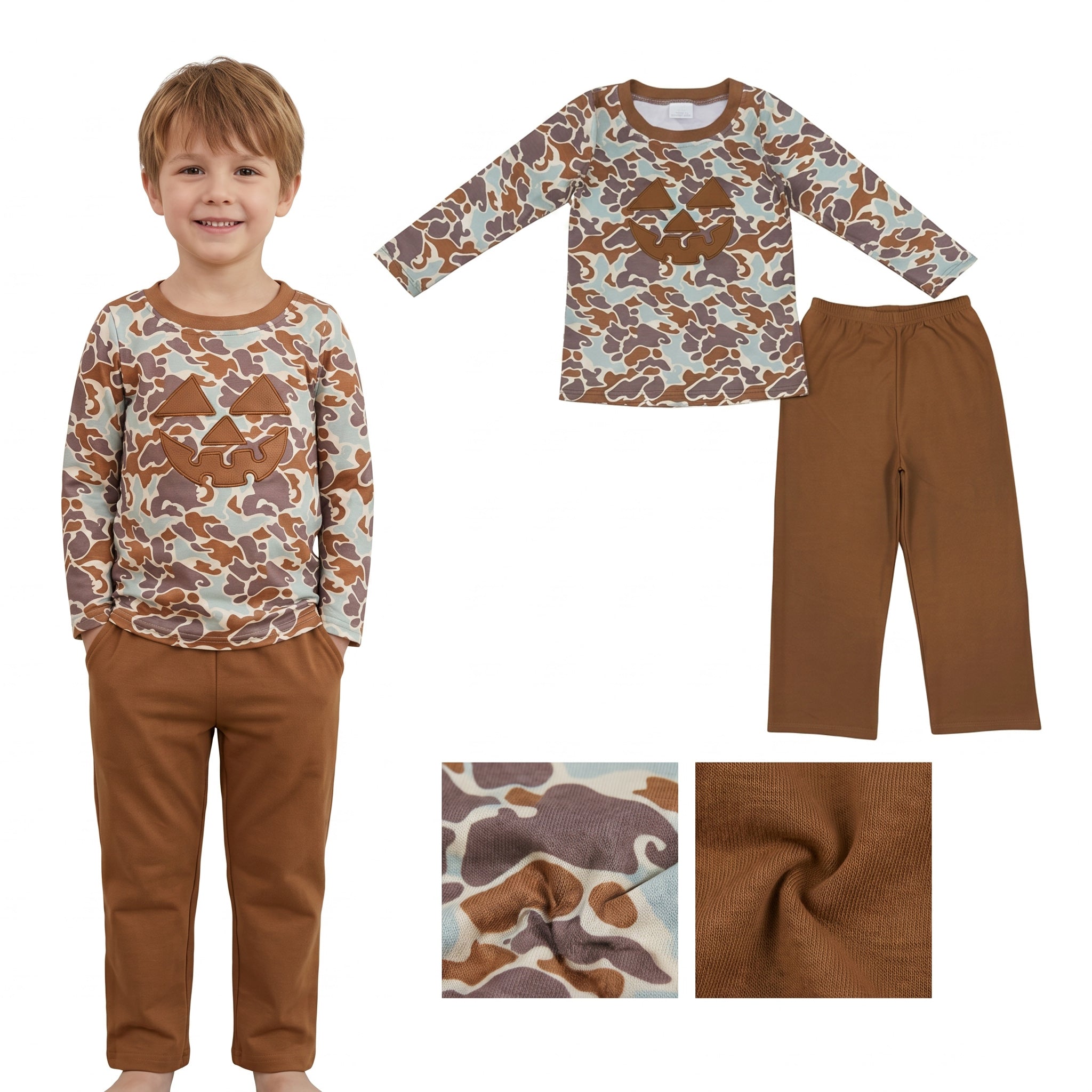 Long sleeves camo pumpkin embroidery boys Halloween outfit