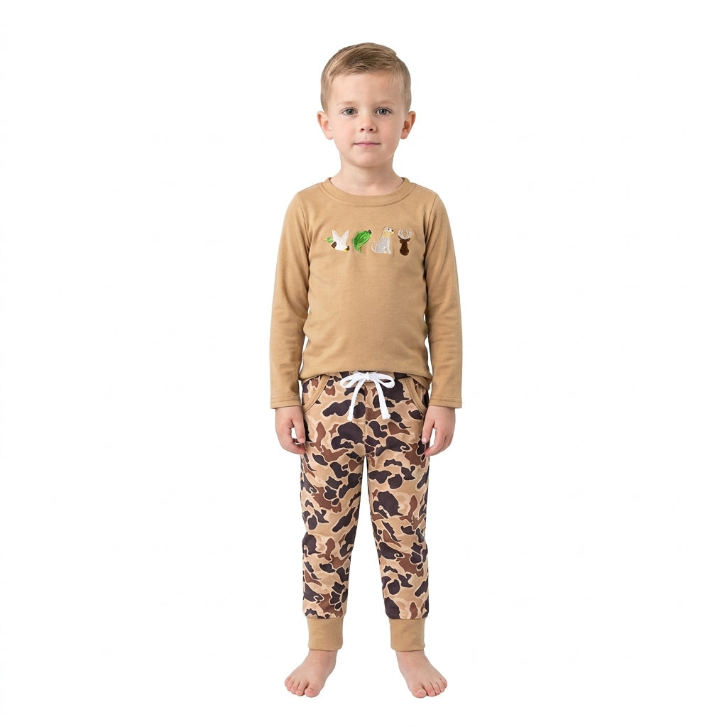 Duck fish dog deer embroidery camo kids boys outfits