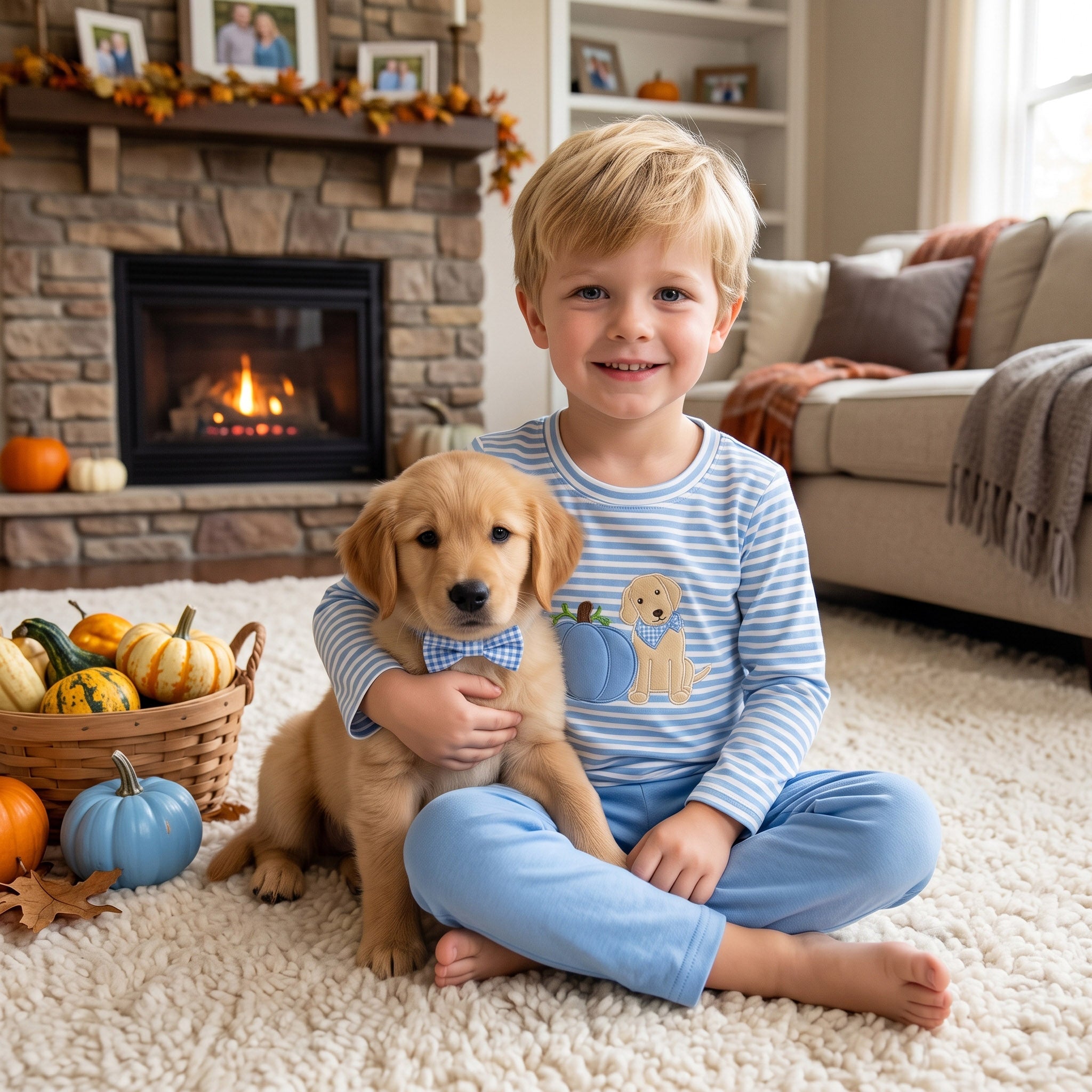 Stripe dog pumpkin embroidery boys fall clothes