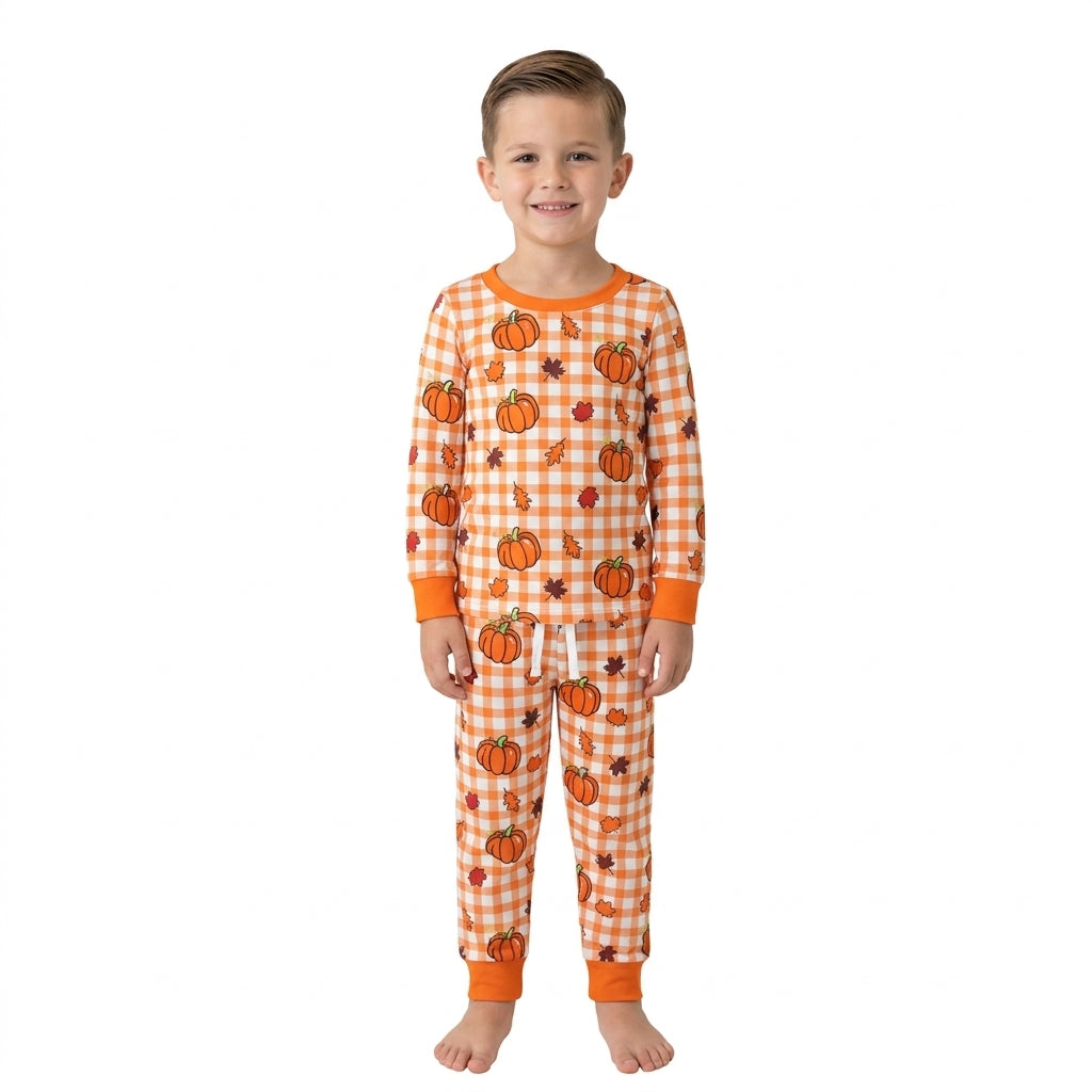 Long sleeves plaid leaves pumpkin boy fall pajamas