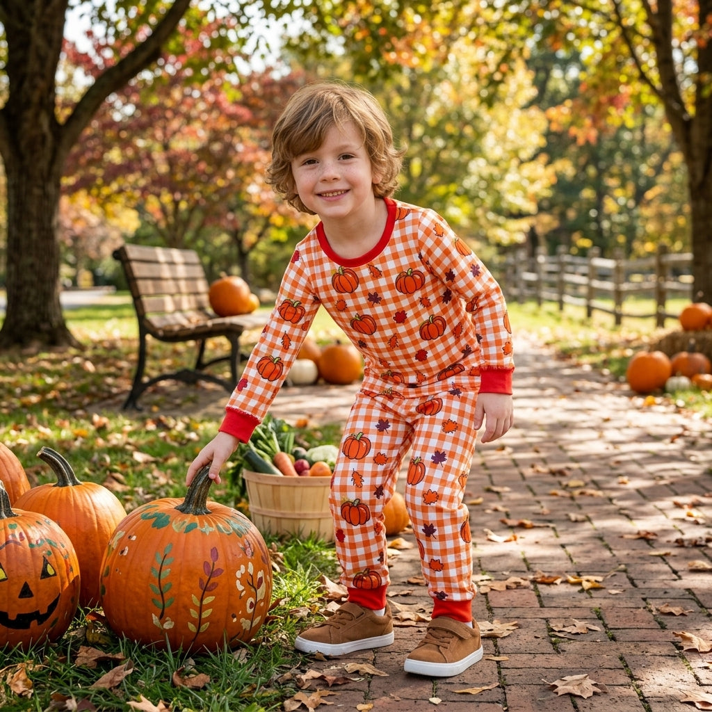 Long sleeves plaid leaves pumpkin boy fall pajamas