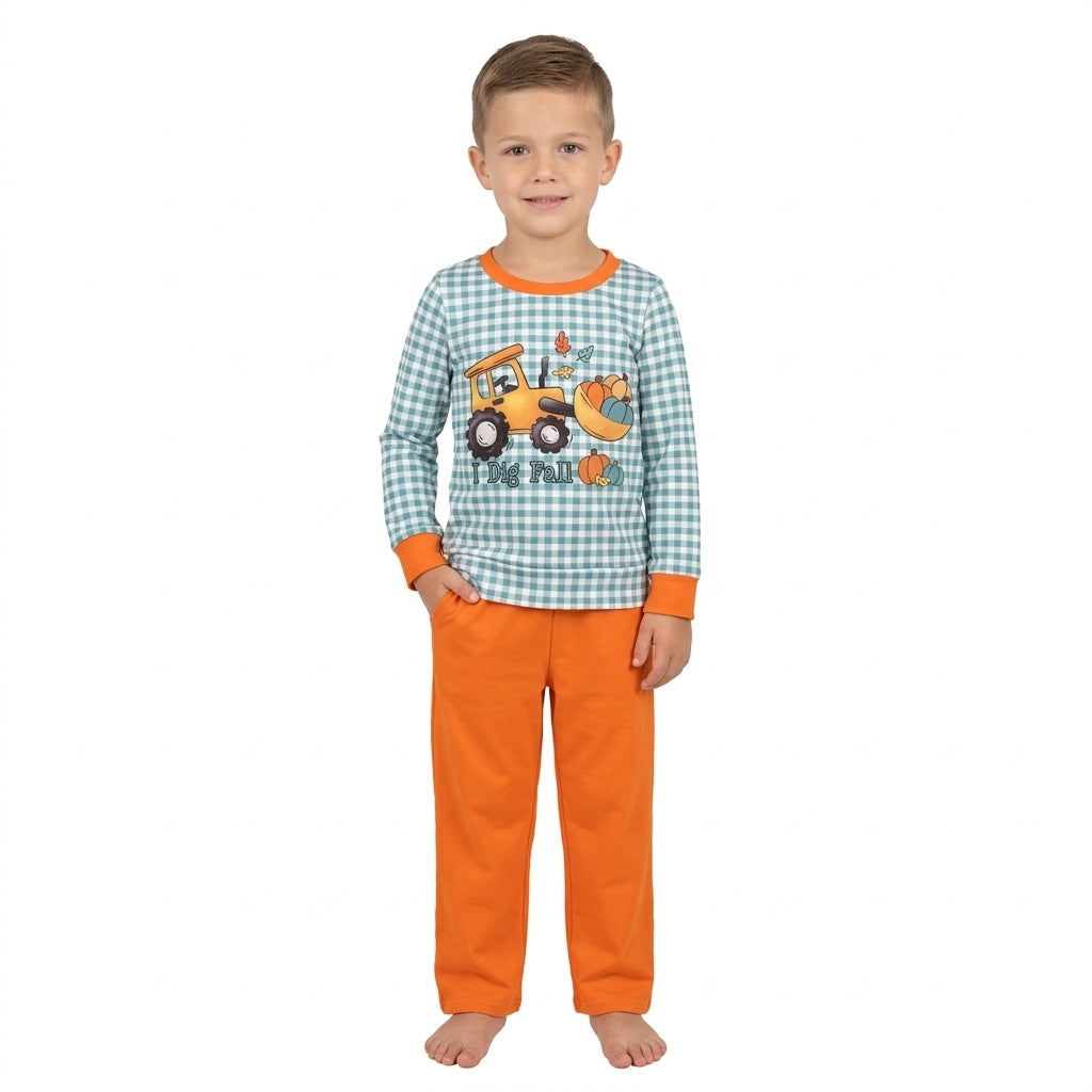 I dig fall pumpkin plaid top pants boys clothing set