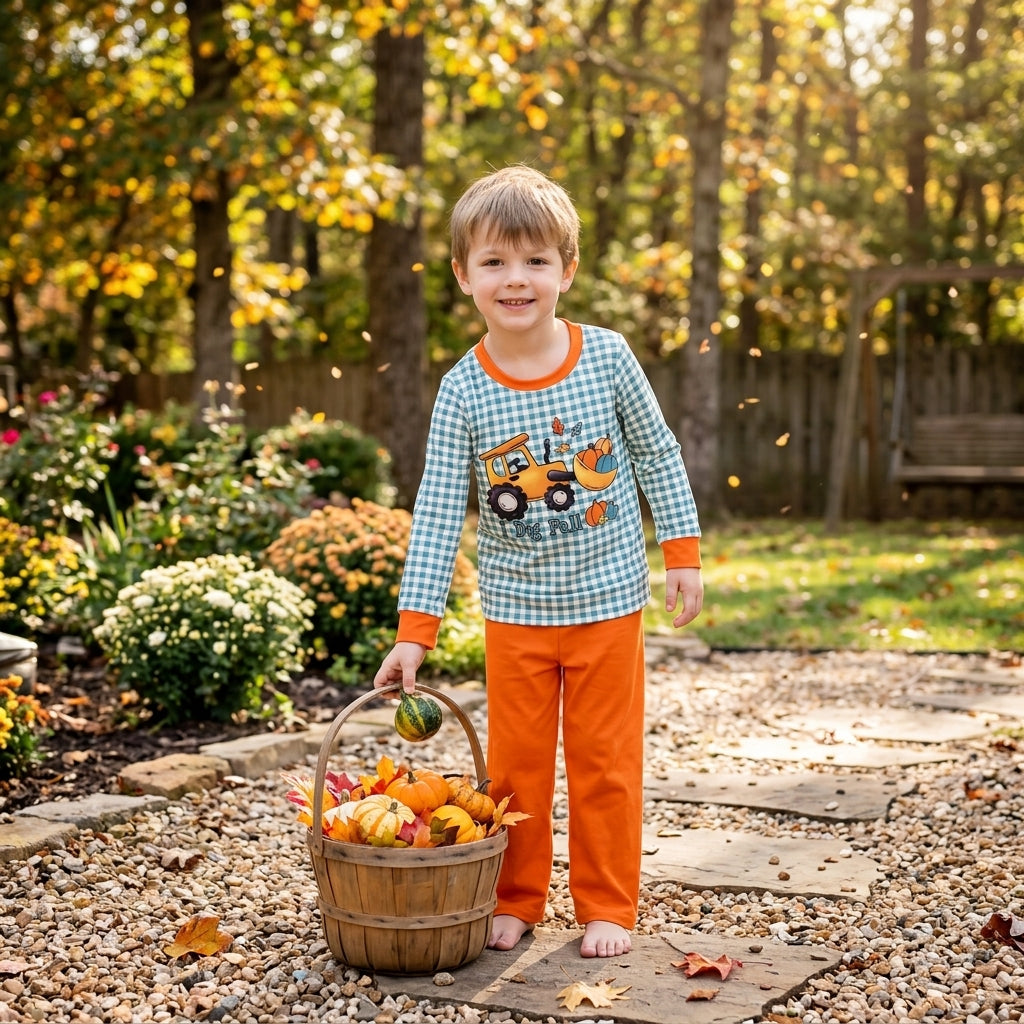 I dig fall pumpkin plaid top pants boys clothing set