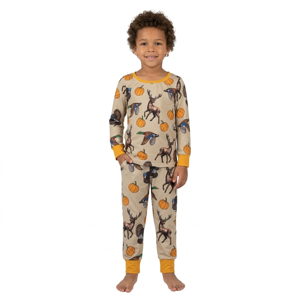 Long sleeves deer duck turkey pumpkin boy fall pajamas