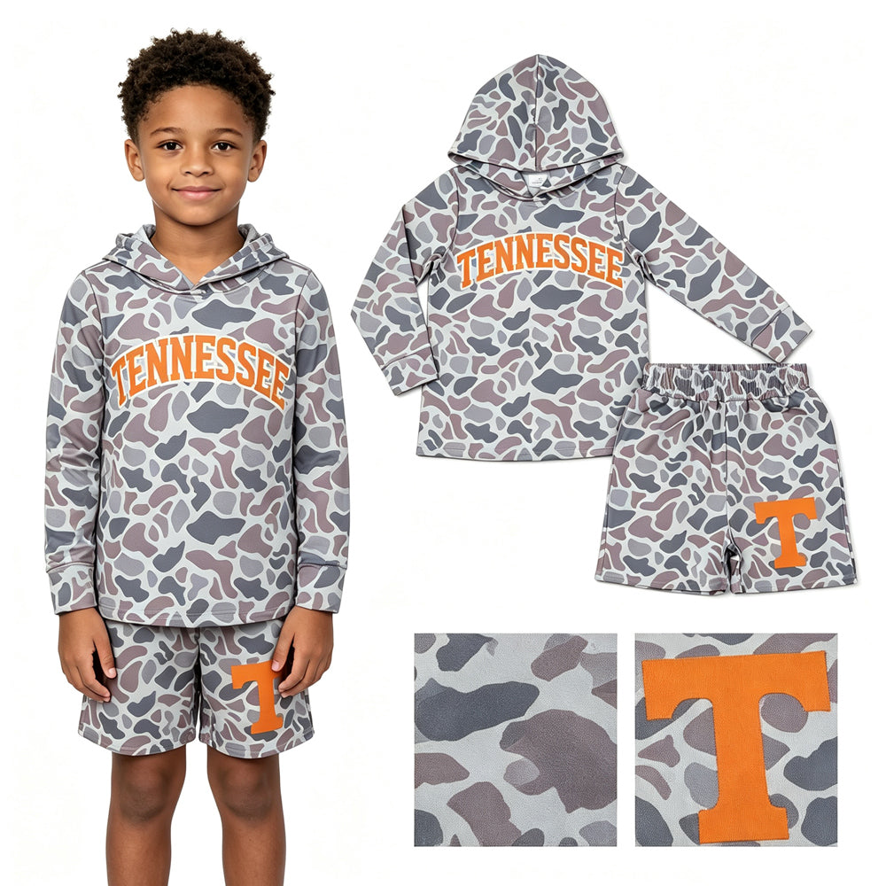 Long sleeves grey camo orange T hoodie shorts boys team outfits