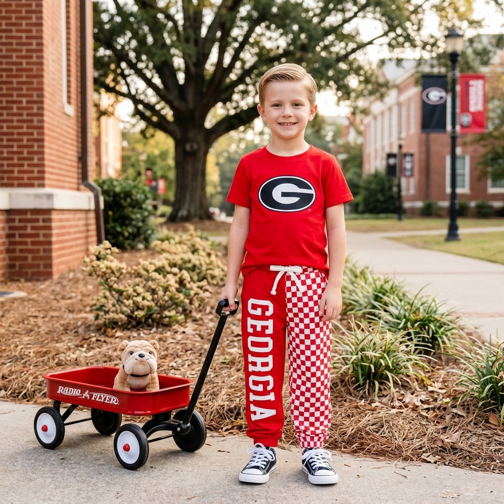 Short sleeves red G top plaid pants kids boys team outfits
