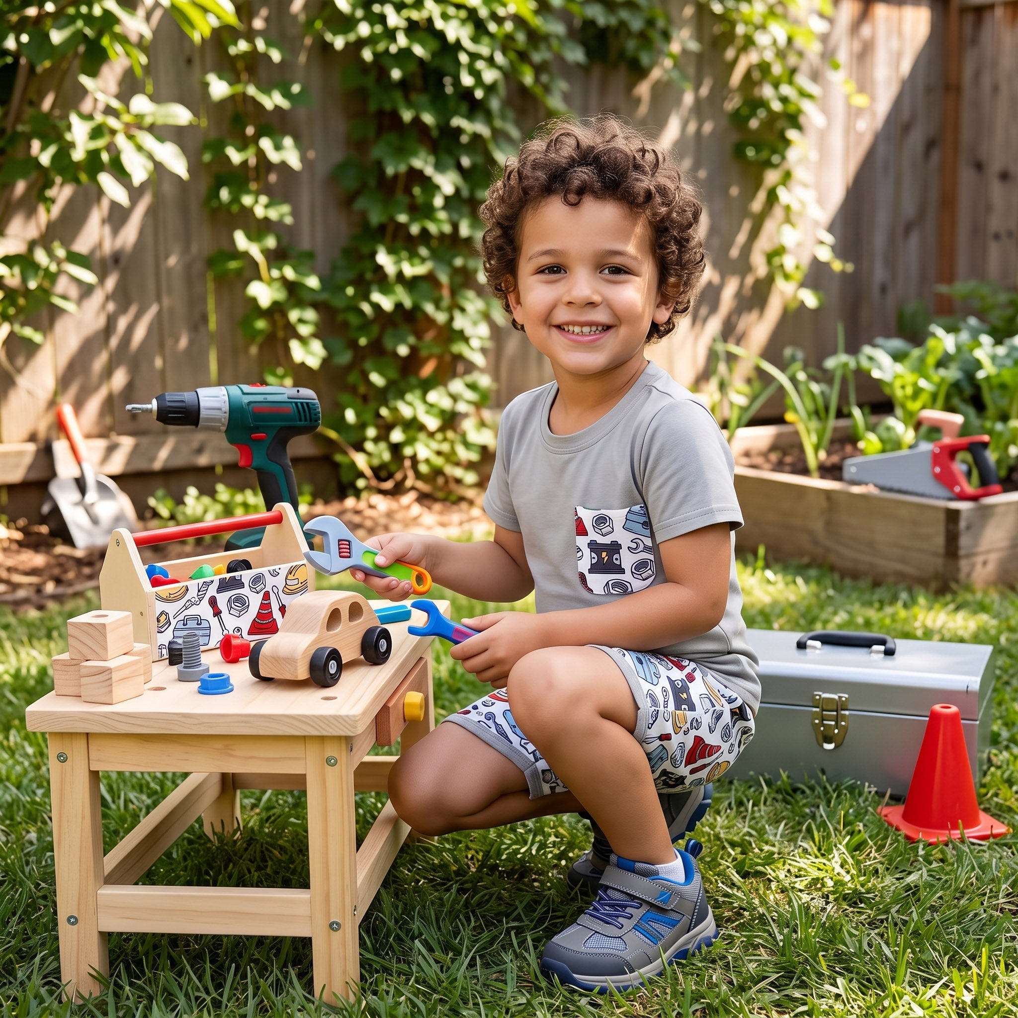 Grey short sleeves pocket top tools shorts boys outfit