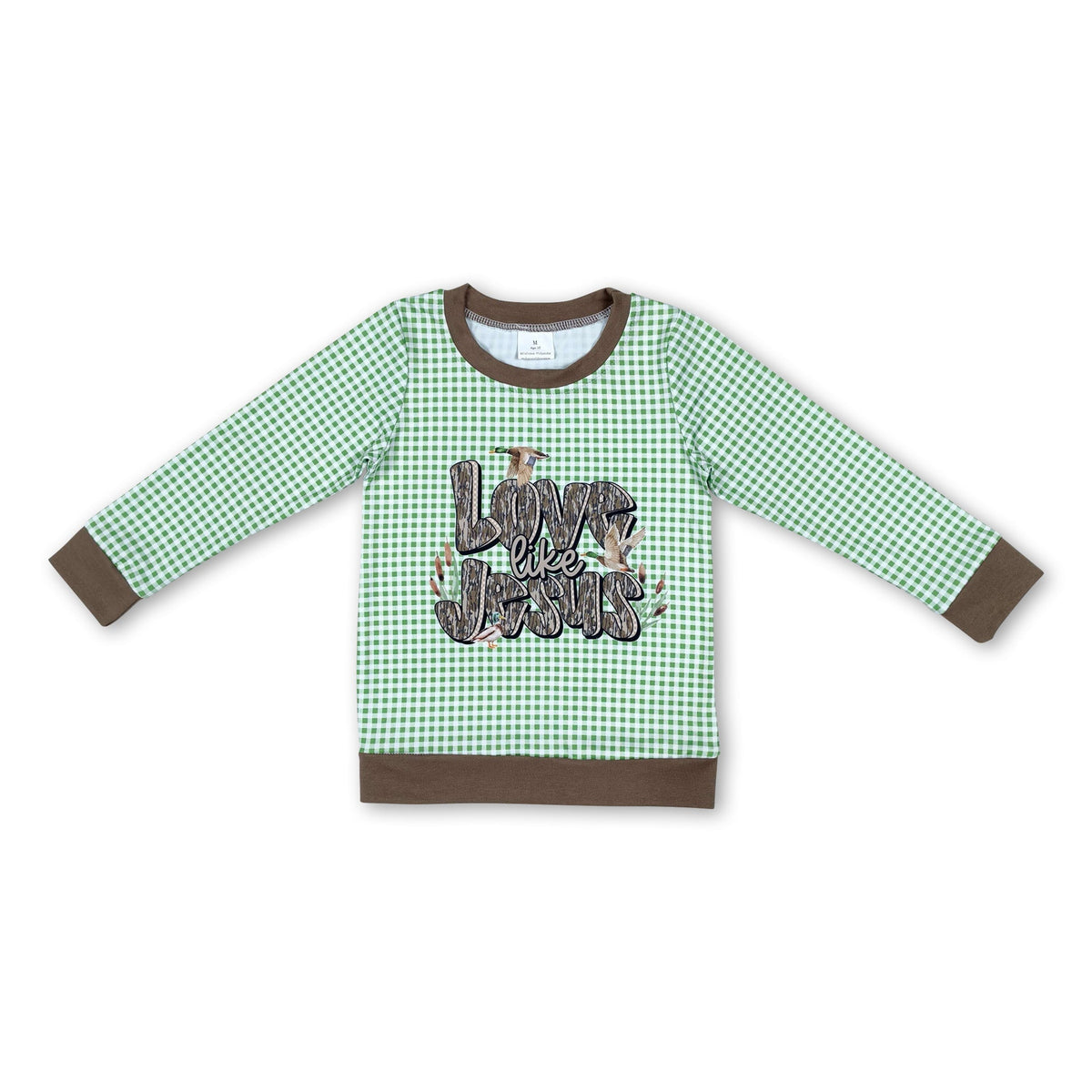 Green plaid long sleeves love like jesus duck boys shirt
