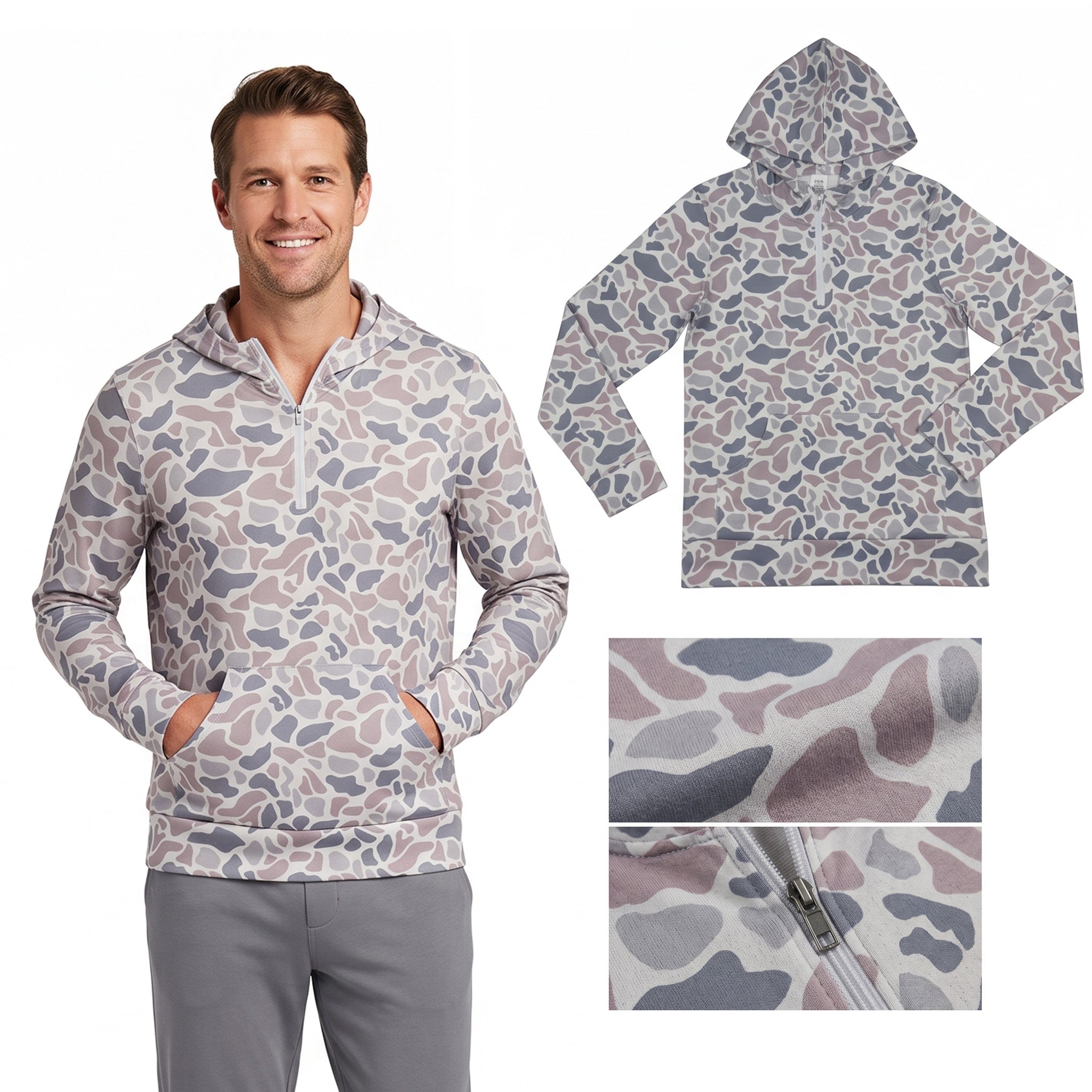 Long sleeves grey camo men pocket zipper hoodie