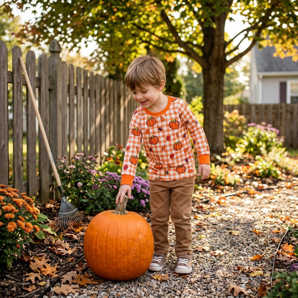 Long sleeves plaid pumpkin kids boys fall shirt