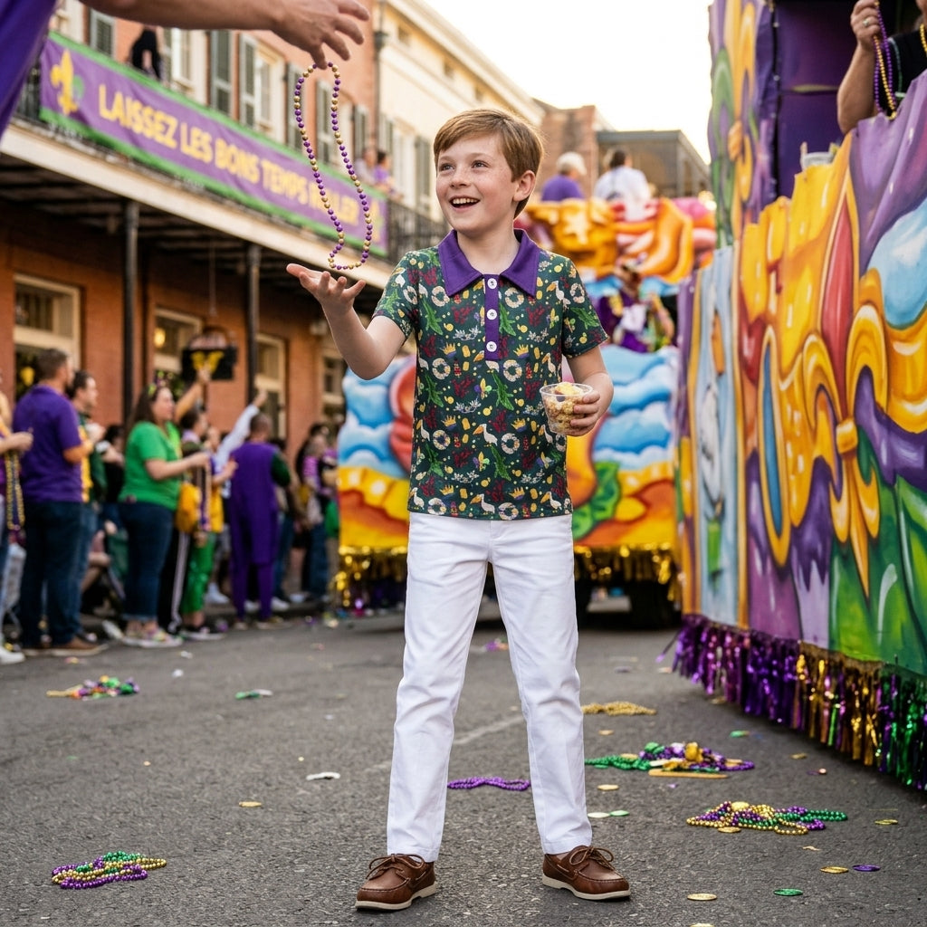 Crocodile pelican kids boys Mardi Gras polo shirt