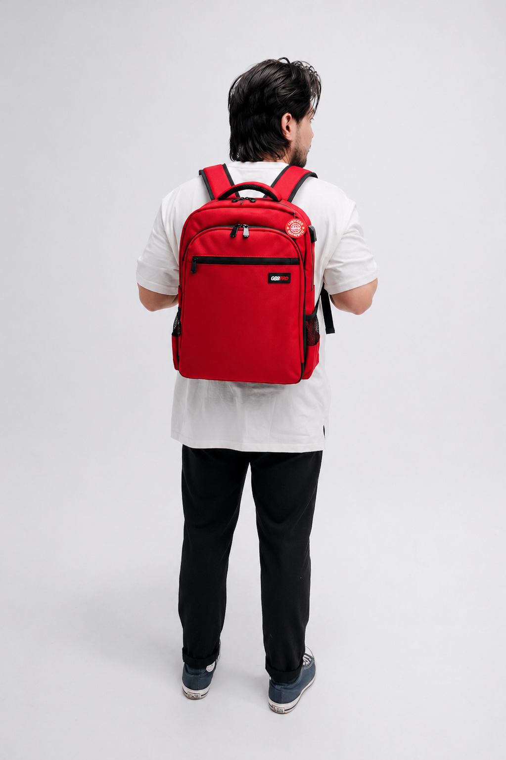 Fire red Fit-All Mobile Backpack by G AND B PRO, showcasing durable material, multiple compartments, and adjustable straps.