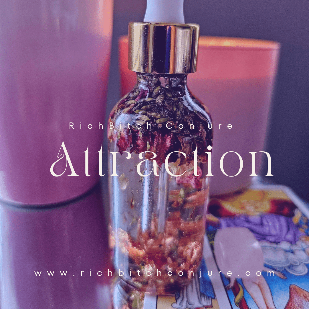 Deadly Attraction Hoodoo Conjure Oil by Rich Bitch Conjure, magnetism and love oil in a small glass bottle with label.