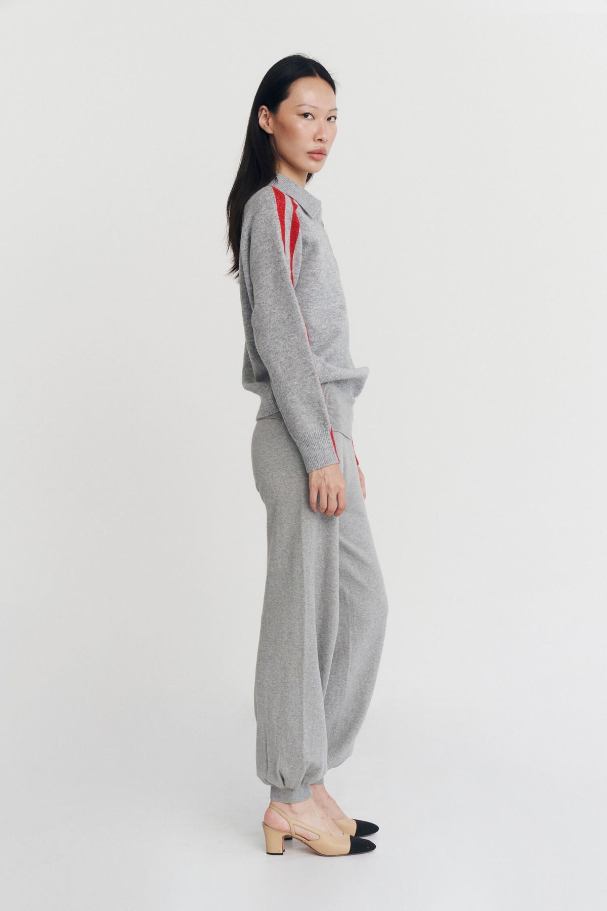 RAGLAN STRIPE KNIT POLO IN CHARCOAL AND SCARLET