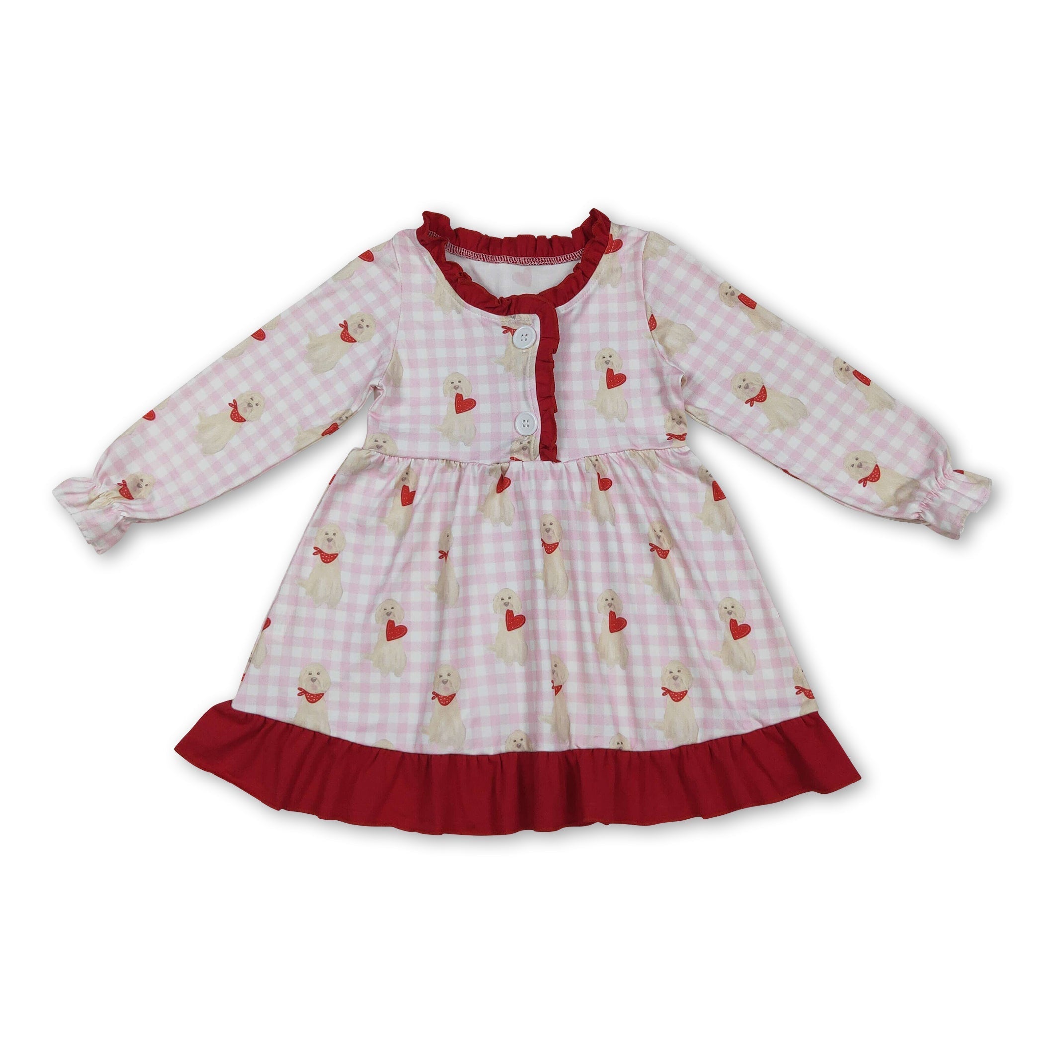 Pink plaid long sleeves heart dog girls valentine&