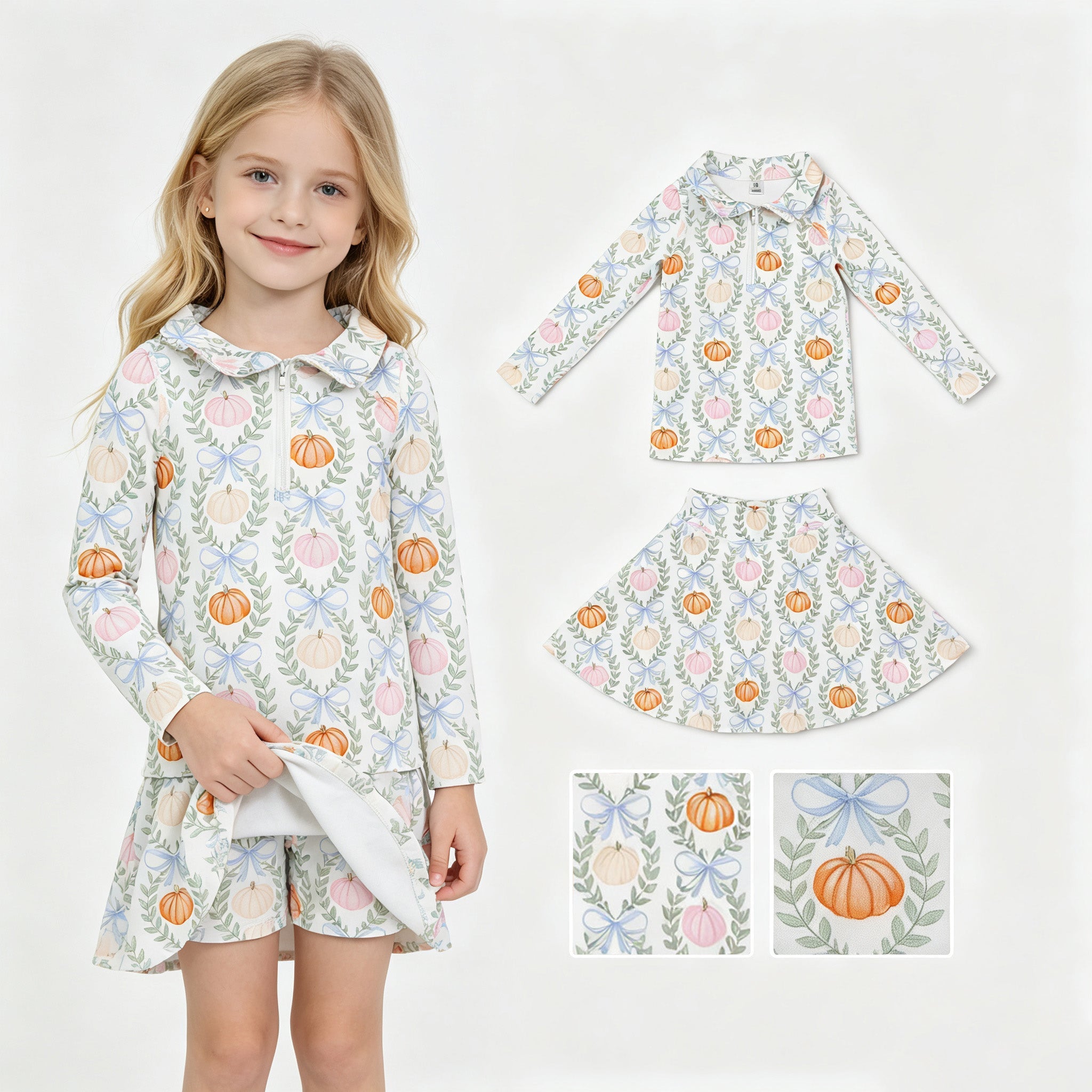 Long sleeves pumpkin bow kids girls fall active wear set