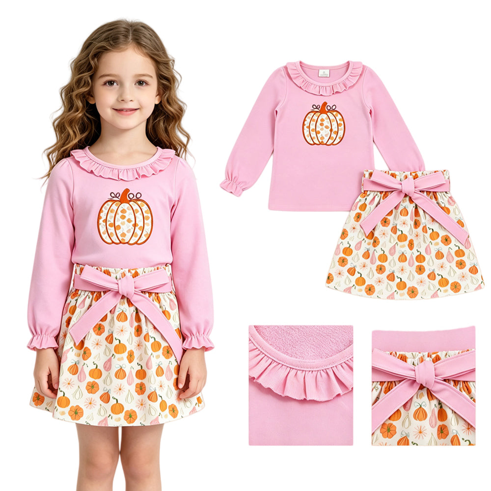 Pink ruffle pumpkin embroidery top skirt girls outfits
