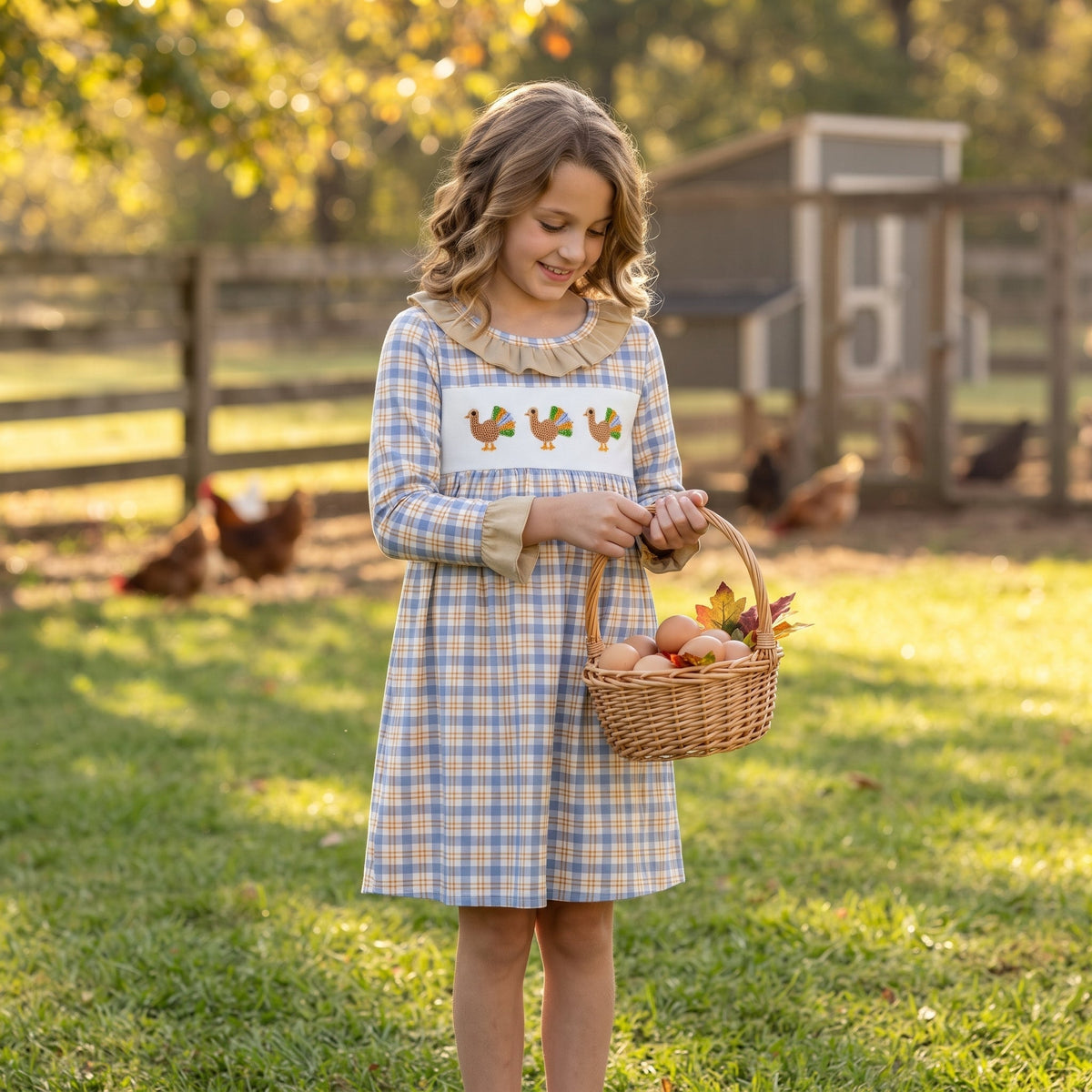 Plaid turkey embroidery girls Thanksgiving dress
