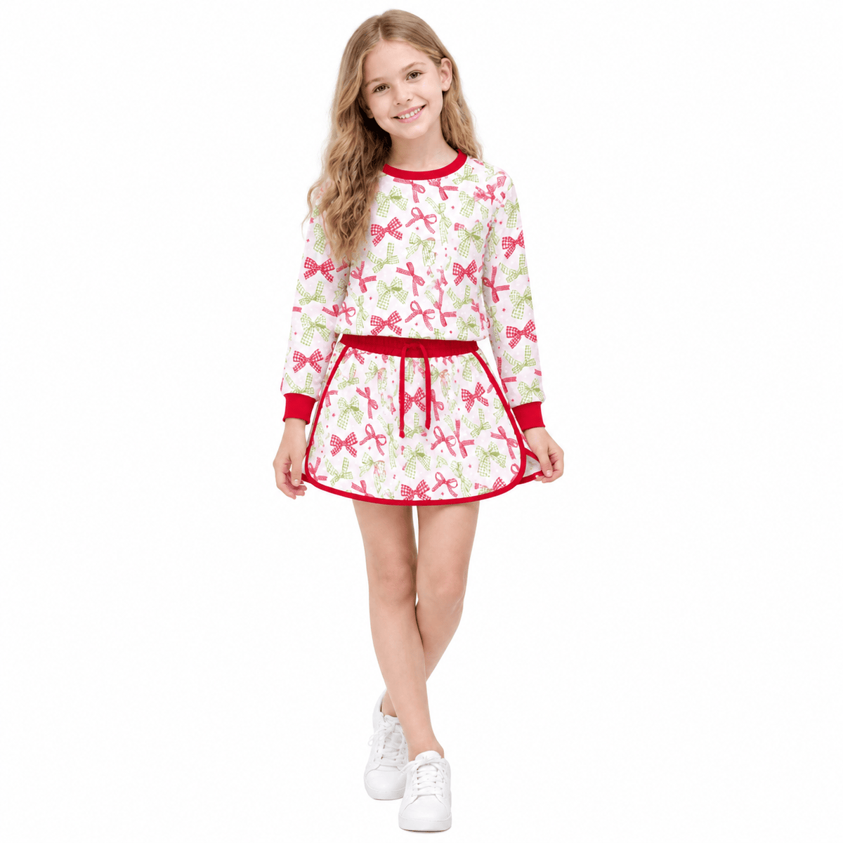 Red green plaid bow top skirt girls Christmas outfits