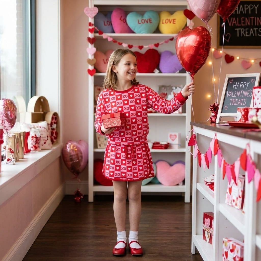 Heart plaid top skirt kids girls valentine&