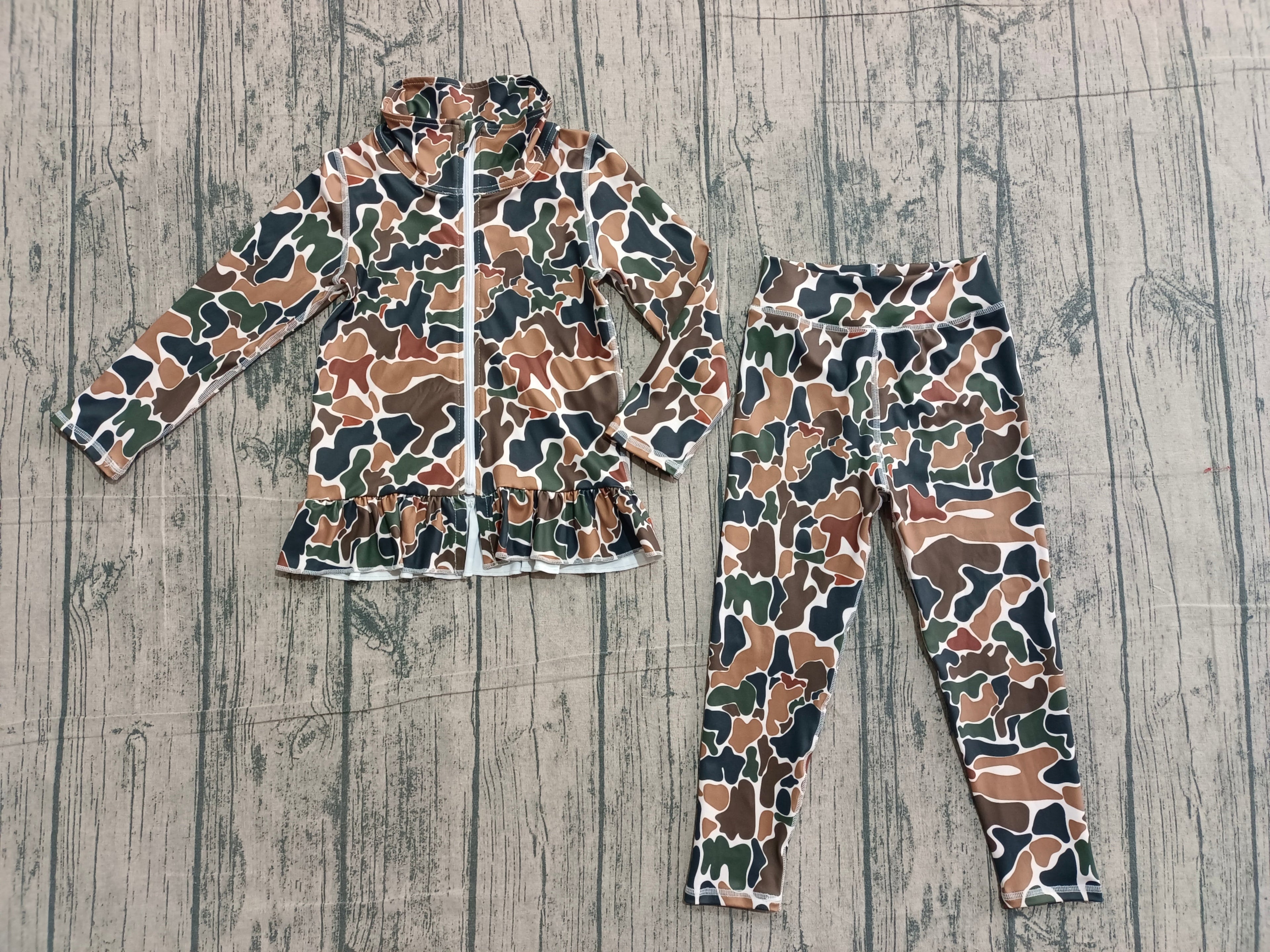 Long sleeves brown camo ruffle top leggings girls yoga set