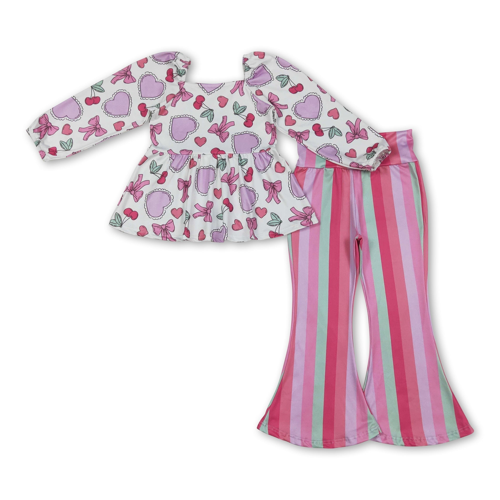 Heart bow top stripe pants girls Valentine&