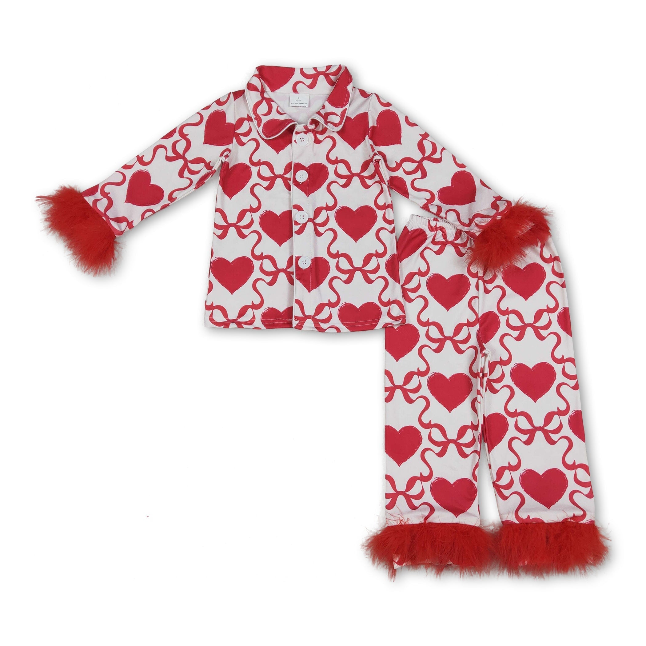 Red fur sleeves heart bow girls Valentine&