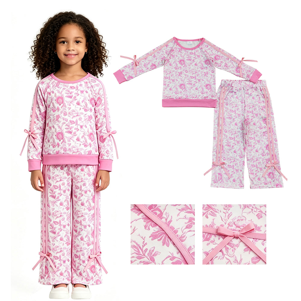 Long sleeves pink floral top pants kids girls outfits