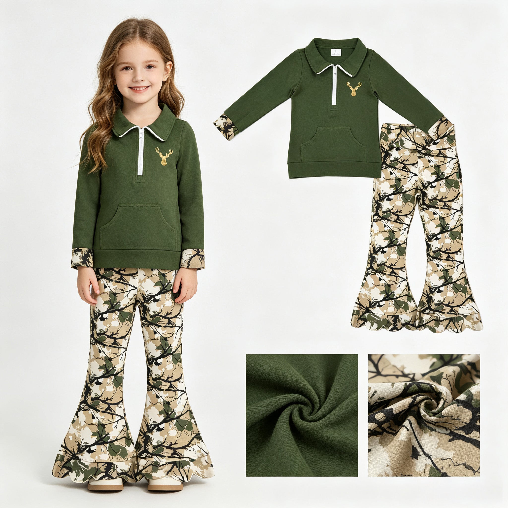 Cotton deer embroidery pullover scallop pants girls outfits