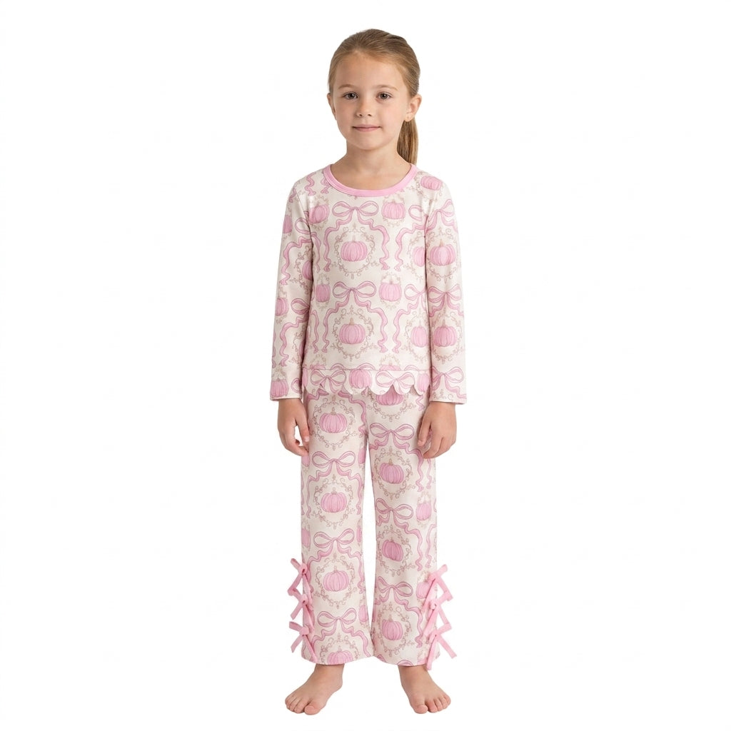 Pink bow pumpkin scallop top pants girls fall clothes