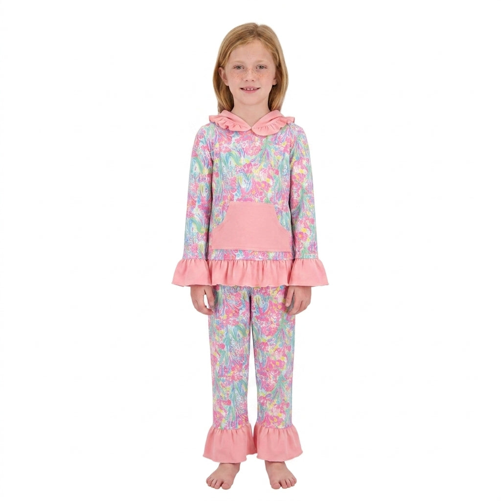 Long sleeves peach ruffle coral hoodie pants kids girls outfits