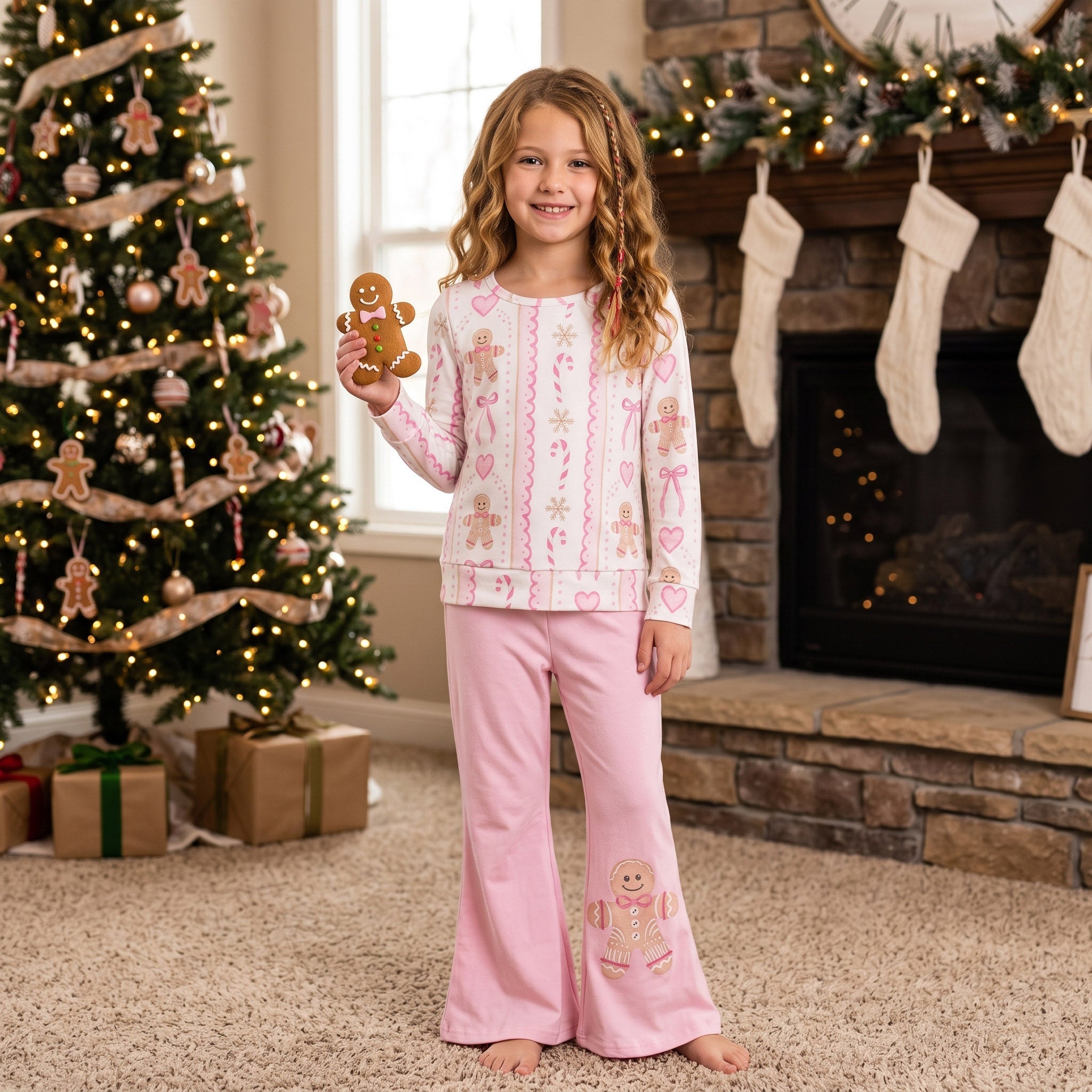 Gingerbread bow heart top pants girls Christmas outfits