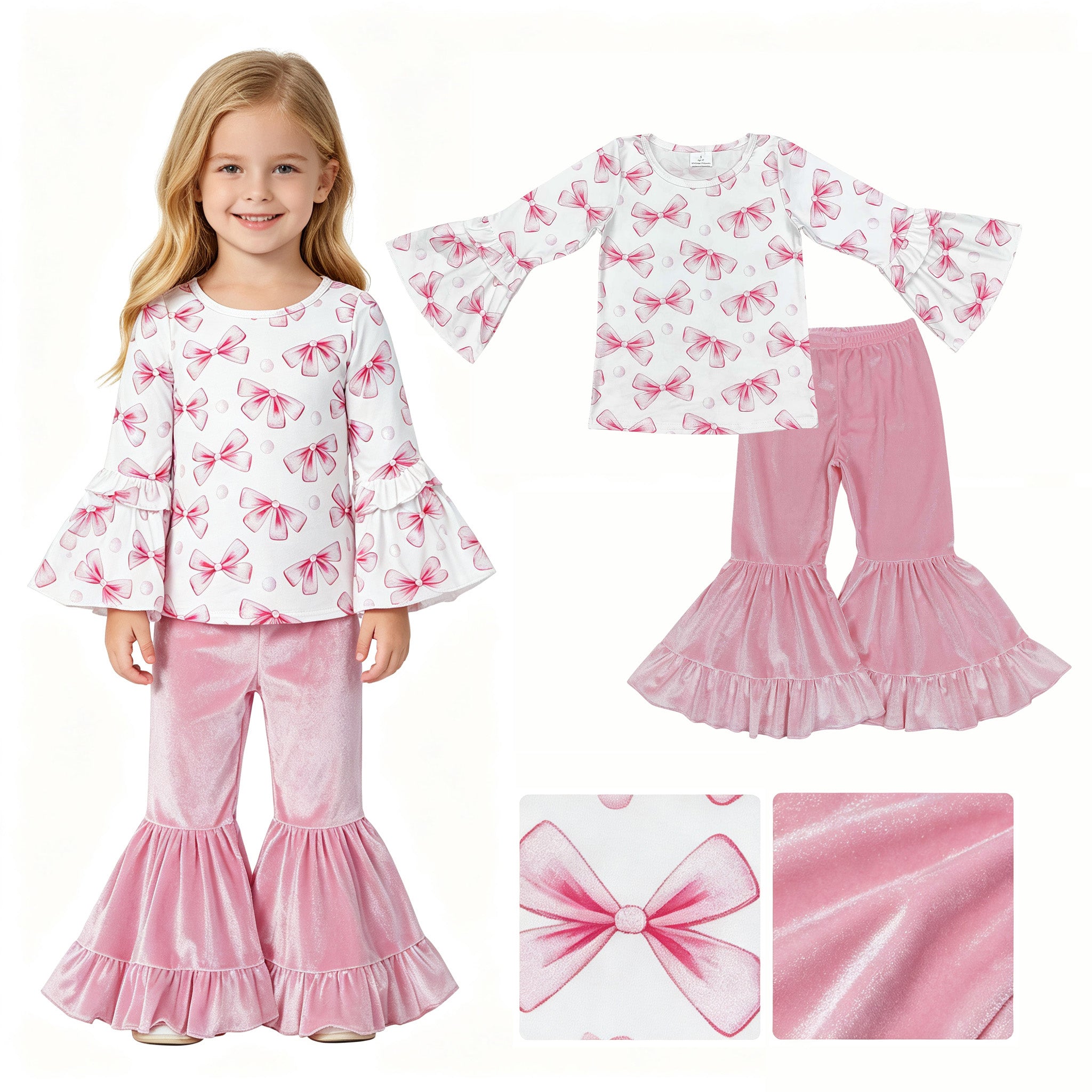 Long sleeves pink bow top velvet pants girls outfits