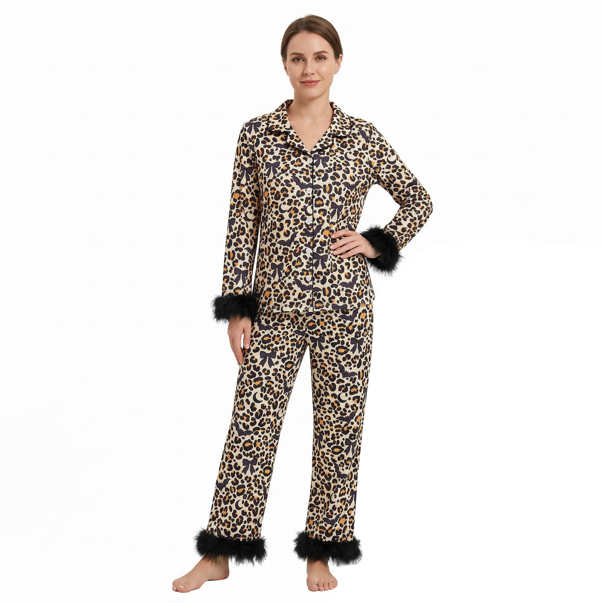 Fur long sleeves leopard bat women Halloween pajamas