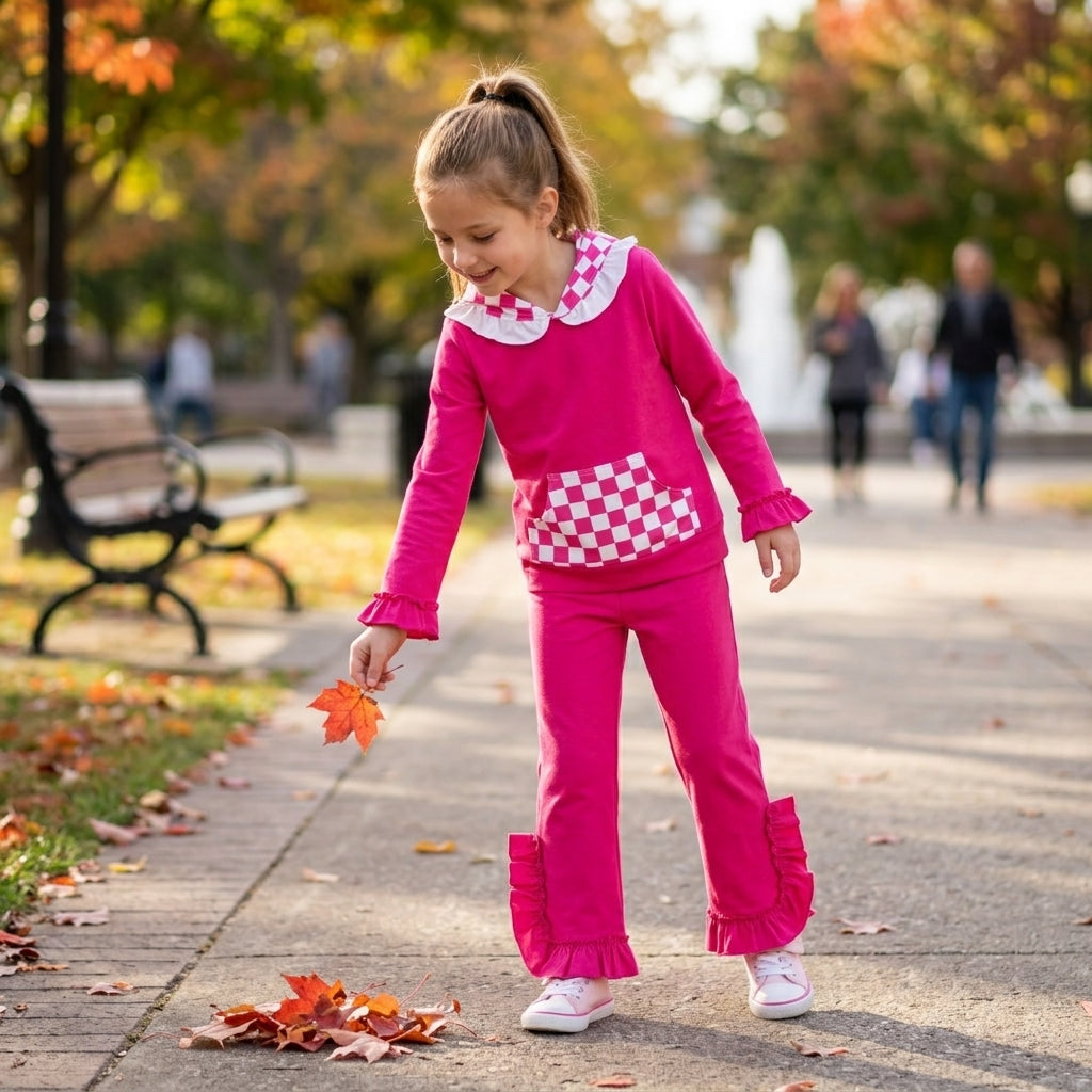 Hot pink plaid pocket hoodie ruffle girls outfits