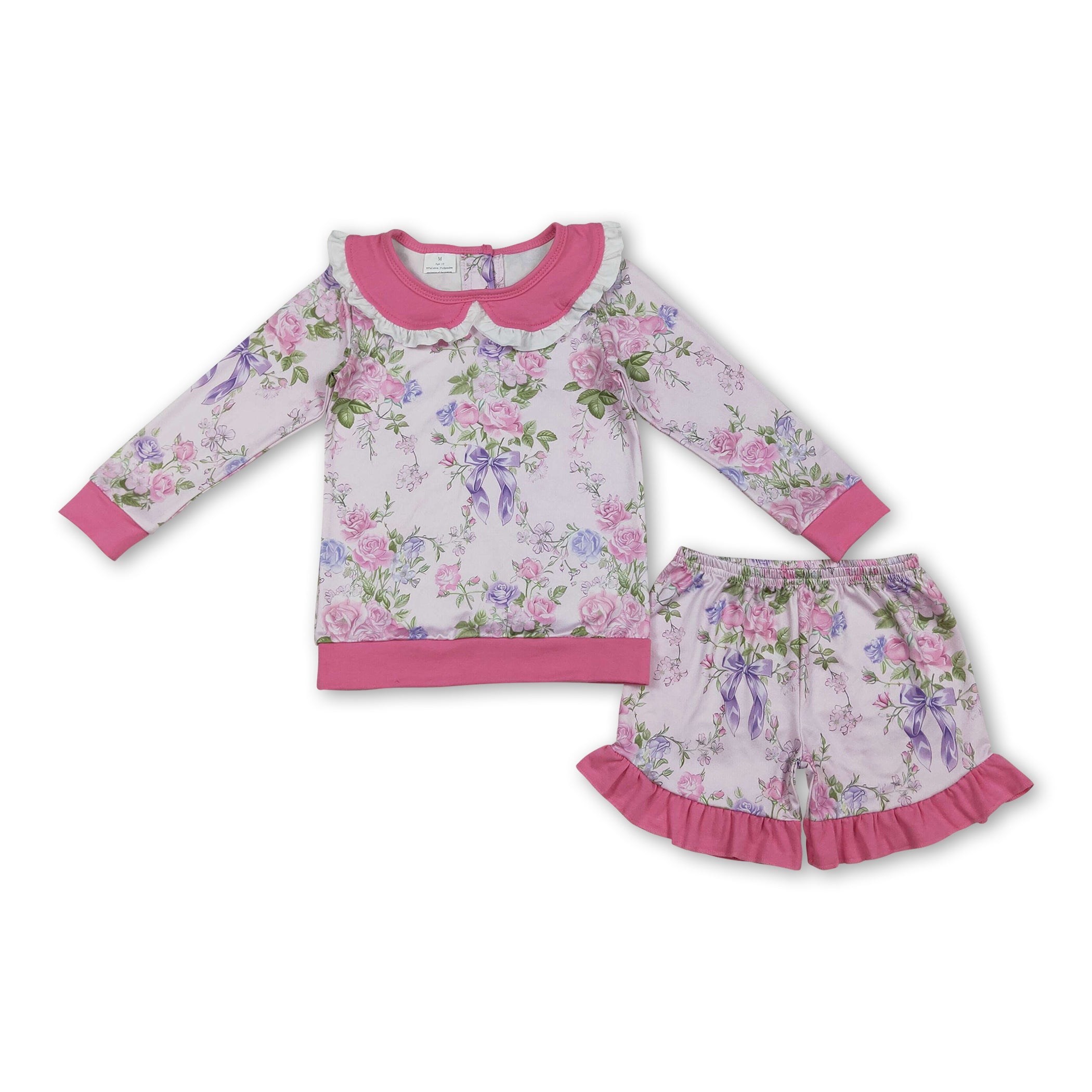 Pink long sleeves floral top ruffle shorts girls outfits