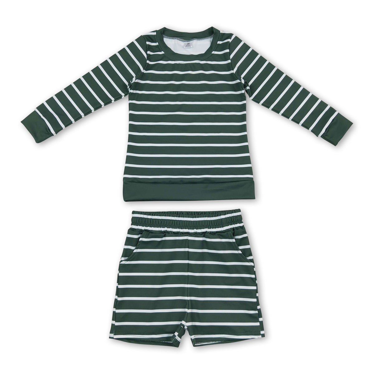Dark green stripe long sleeves top shorts girls active wear set