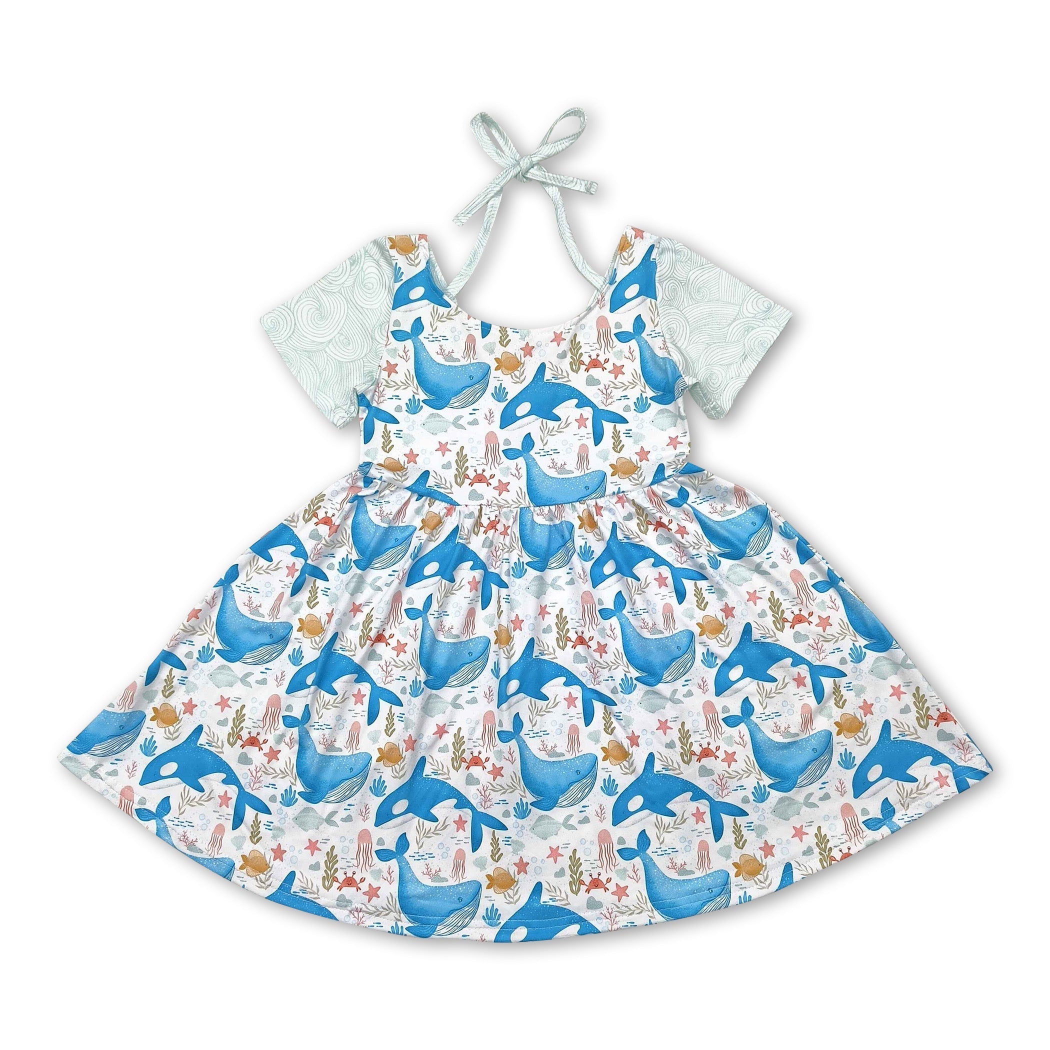 Short sleeves dolphin seaweed kids girls summer dress